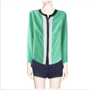 Victoria’s Secret Silk Blouse Button Down Shirt Green Stripe Women Sz Medium NWT